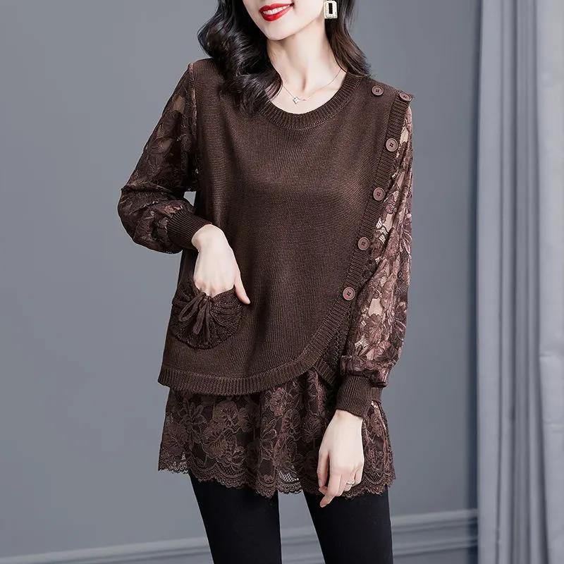 Tops for Women Long Sleeve Shirts Oversize Faux Two-Piece Casual Lace Shirt Loose Blouse Pullover Tops