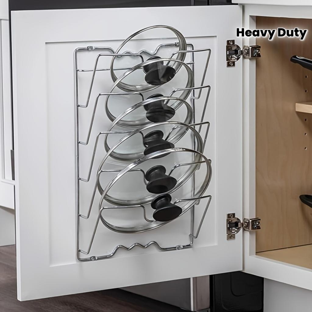 1pc Heavy-Duty Stainless Wall-Mounted Pot Lid & Lid Holder Rack - Space-Saving Multi-Layer Kitchen Shelf with Curved Hooks dish