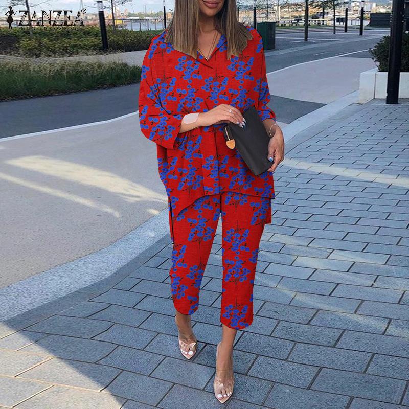 

ZANZEA Женская модная одежда с принтом, рубашка с разрезом на подоле и брюки, повседневный костюм из двух предметов