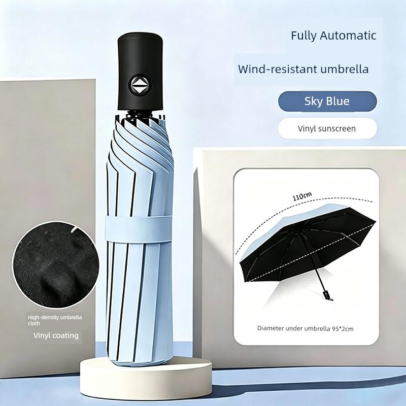 Fully Automatic Folding Umbrella with Black Coating, Business Umbrella, Dual-Use for Sun and Rain, Gift Umbrella, Black Manual Reinforced Umbrella
