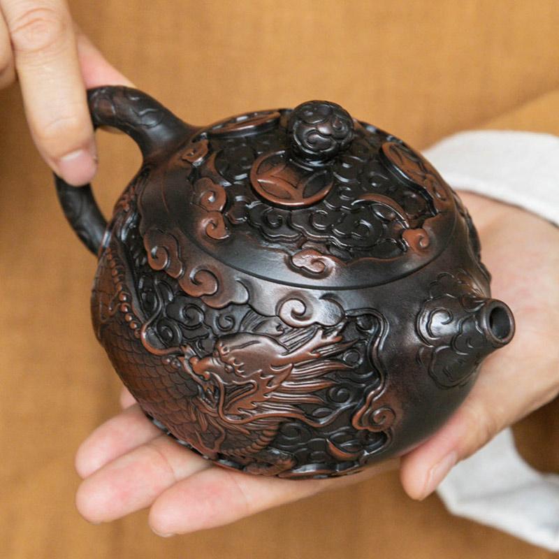 Purple Pottery Vintage Handmad Teapot Ceramic Carve Kung Fu Teapot Single Teapot Pu'er Tea Making Tea Sets Chinese Tea Pot