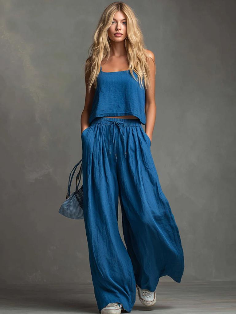 Women's Casual Set Strappy Top Wide Leg Pants Two Piece Outfit for Women