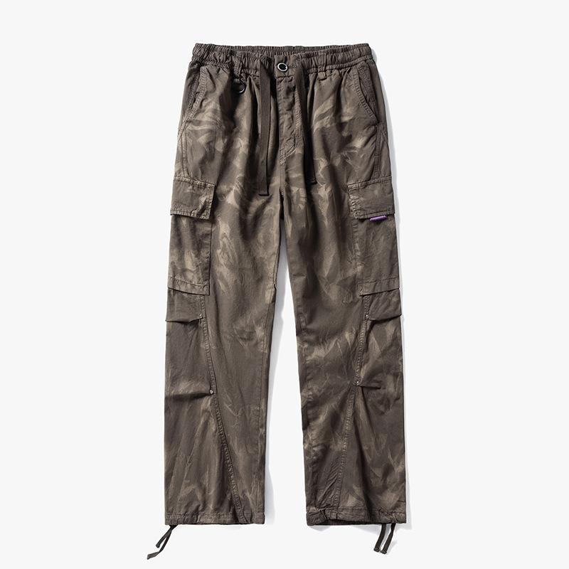 Spring and summer American casual retro old tie-dye big pocket overalls men's straight loose drawstring wide-leg pants