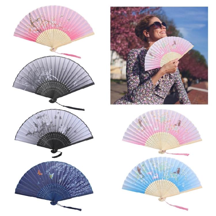 2Pcs Florals Folding Hand Fan Handheld Folding Fan with Flower Pattern Fabric Folding Fan for Wedding Dancing Party