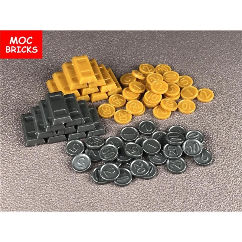 MOC Bricks Dark Silver Gray Golden Money Coin Utensil Ingot Bar Building Blocks Figure DIY Dolls Toys for kids Xmas Gifts