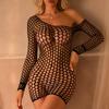 Transparent Erotic Costume Crotchless Women Fishnet Mini Sexy Dress Mesh Hollow Out Bodycon Underwear Dress Lingerie Sex Clothes