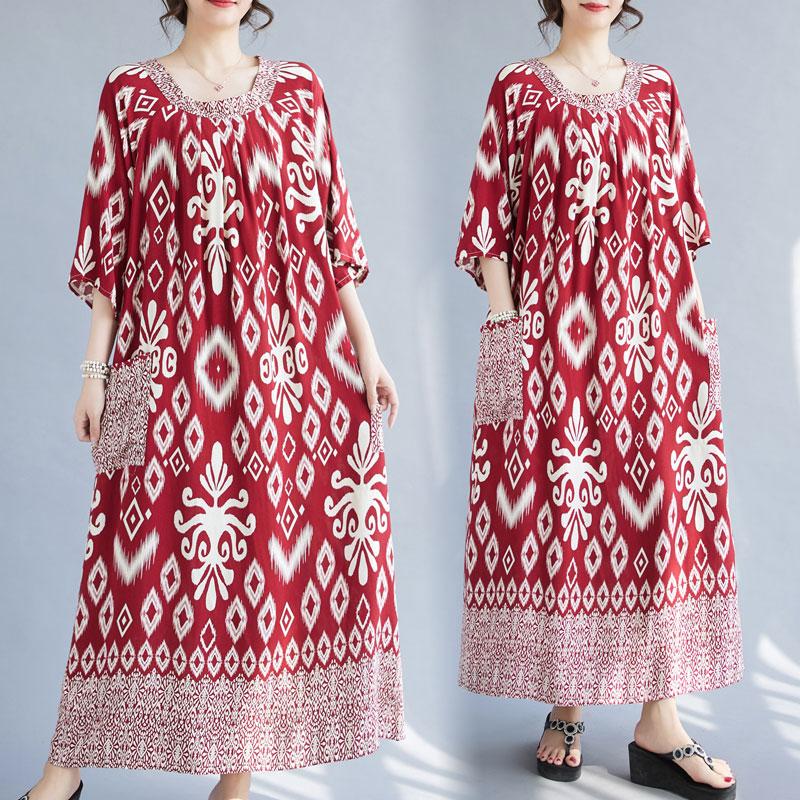 DIMANAF Plus Size Women 2024 New Summer Cotton Dress Vintage Dress O-Neck Basic Loose Long Dresses Oversize
