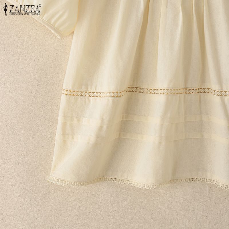 ZANZEA Damen Freizeit Rundhals Sommer Kurzarm Baumwollbluse