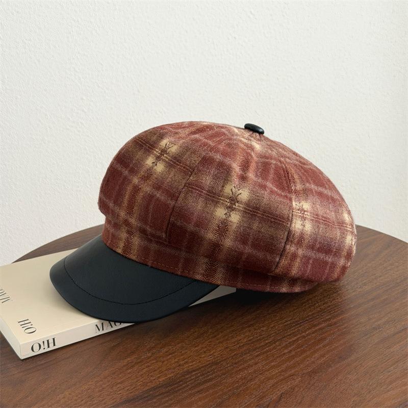 Women S Plaid Octagonal Hat Large Head Circumference Vintage Style Autumn Winter Cap