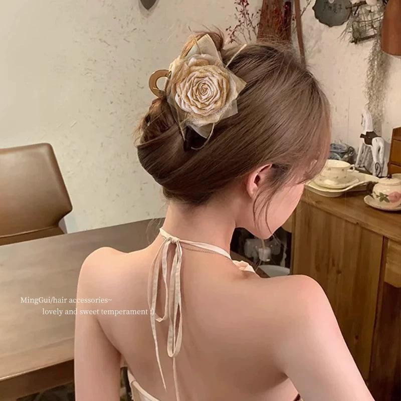 Dry rose antique flower grab clip female 2026 large shark clip back head hair clip headgear
