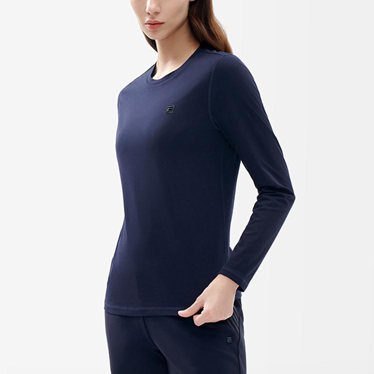 Fila Athletics Solid Color Sports Fitted Knit Crew Neck Long Sleeve T-Shirt Women Tops Royal-Blue A11W211219F-NV