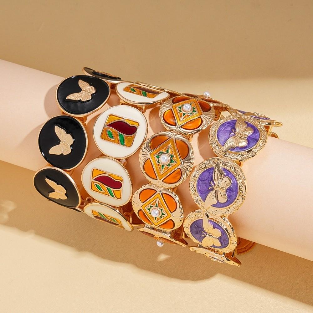 Imitation Pearl Wide Metal Bangles Luxury Jewelry Geometry Hand Ring Retro Drip Oil Bracelet Party