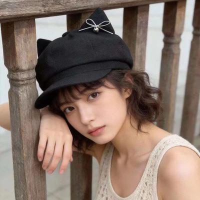 Women Cute Ear Octagonal Beret Summer Bowknot Design Painter Hat Face Slimming Cap