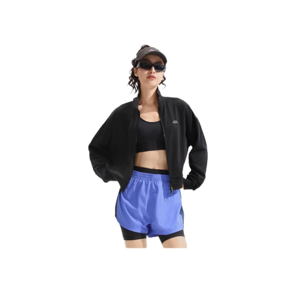 Li Ning Fitness Series Stand Collar Solid Color Zipper Long Sleeve Loose Cardigan Sweatshirt Women outerwear Black AWDU764-5