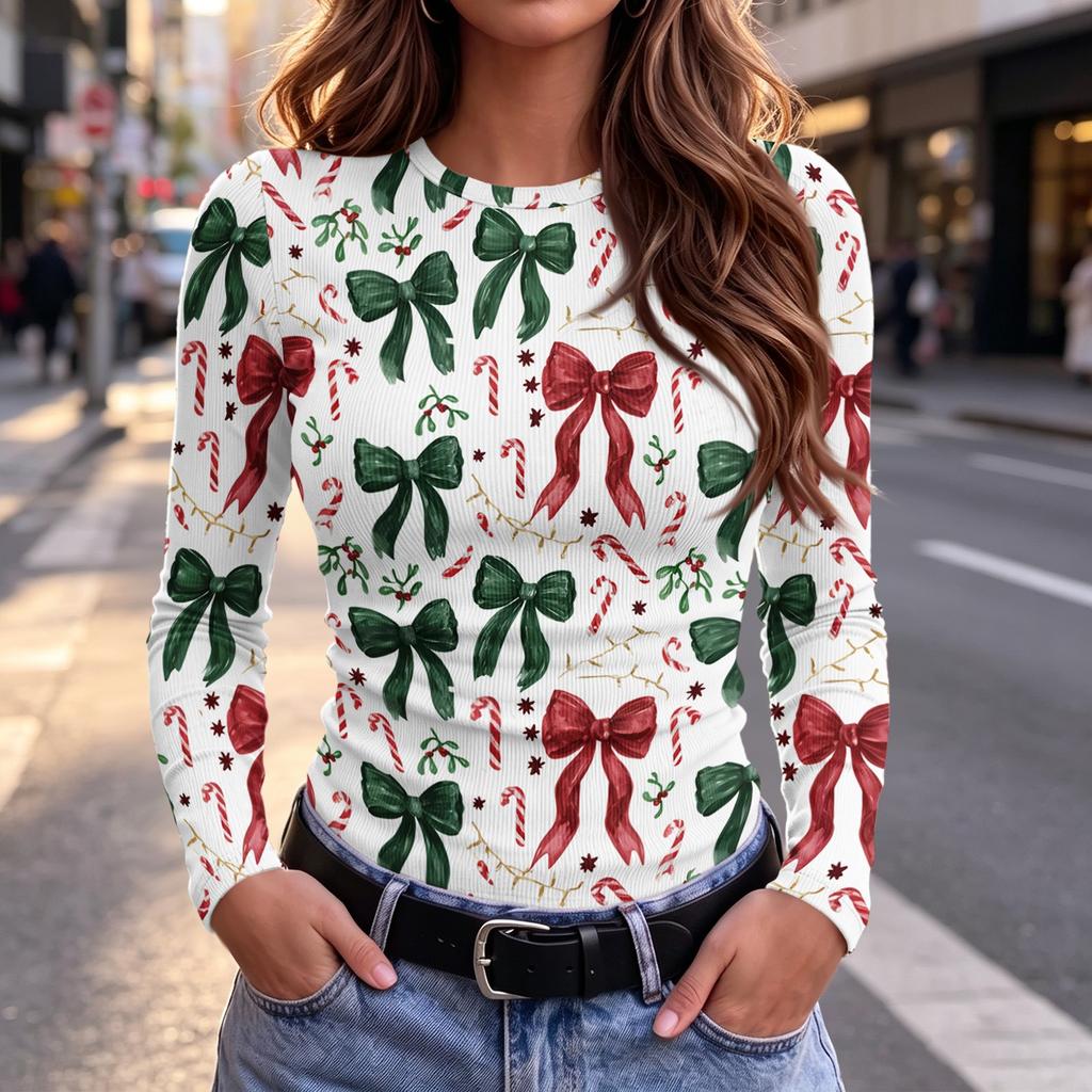 Damen Slim Fit T-Shirt mit Weihnachtsdruck, Langarm, Rundhalsausschnitt für die Feiertagsparty und Freizeitkleidung