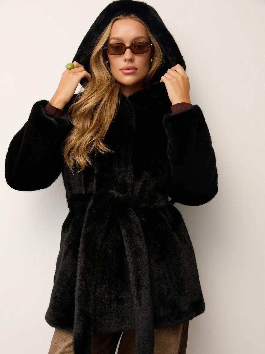 

Women s Mid-Length Hooded Eco-Friendly Faux Mink Fur Coat with Belt Extra Large чорний