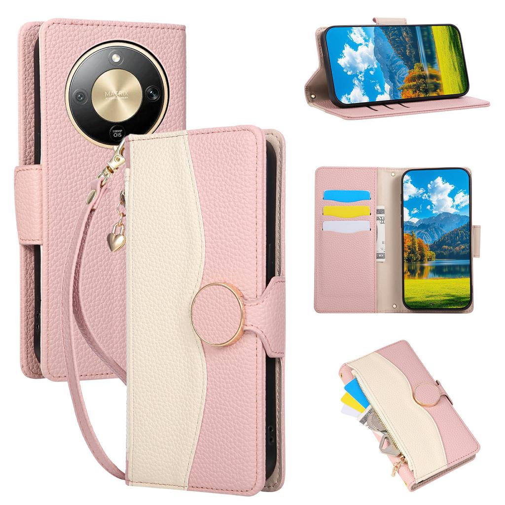 Phone Case For Honor Magic8 Lite 5G / X9d 5G / X70 5G Zipper Wallet Color Splicing TPU PU Leather Flip Phone Cover with Strap