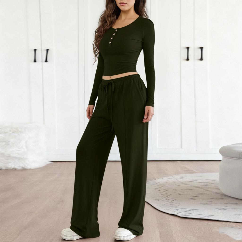 Fashionable Women's Long Sleeve Wide Leg Pants Sports Outfit Loose Two-Piece Set