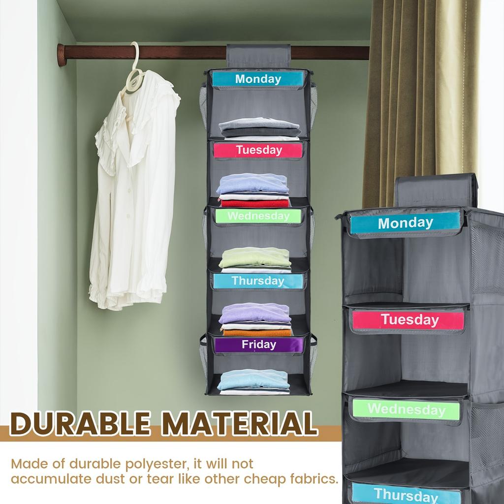 5 Layer Foldable Hanging Storage Bag with Label Hanging Organizer for Adults Kids Weekly Clothes Organization Monday To Friday