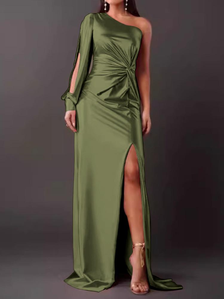 2026 Summer New European and American Women's Clothing Diagonal Collar Shoulder Sleeve Pleated Waist Split Sexy Dress