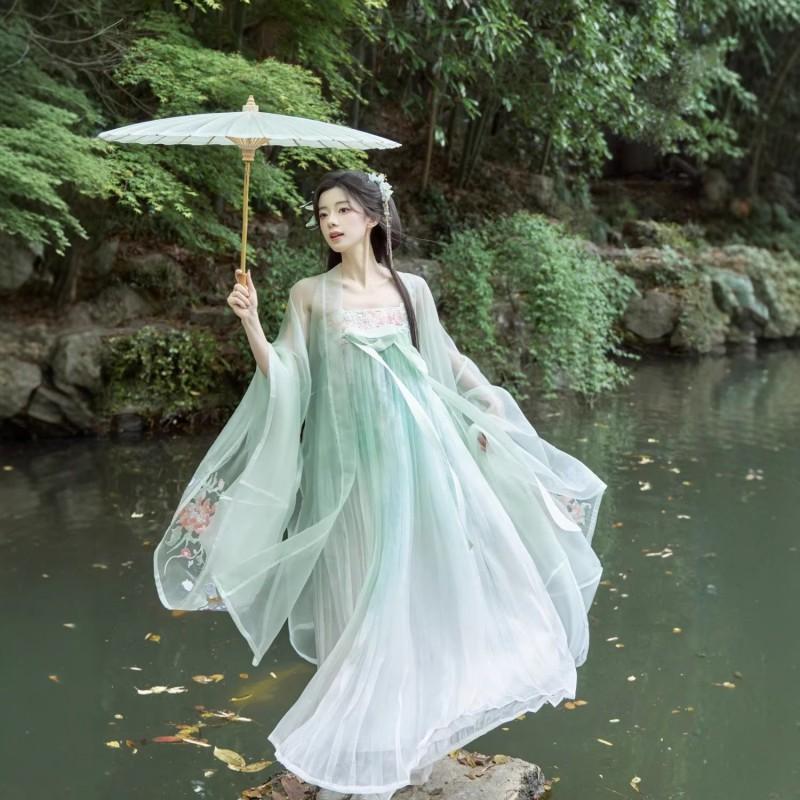 Tang Dynasty Style Hanfu Set With Embroidered Peony Motif Wide Sleeve Top High-Waist Skirt Women