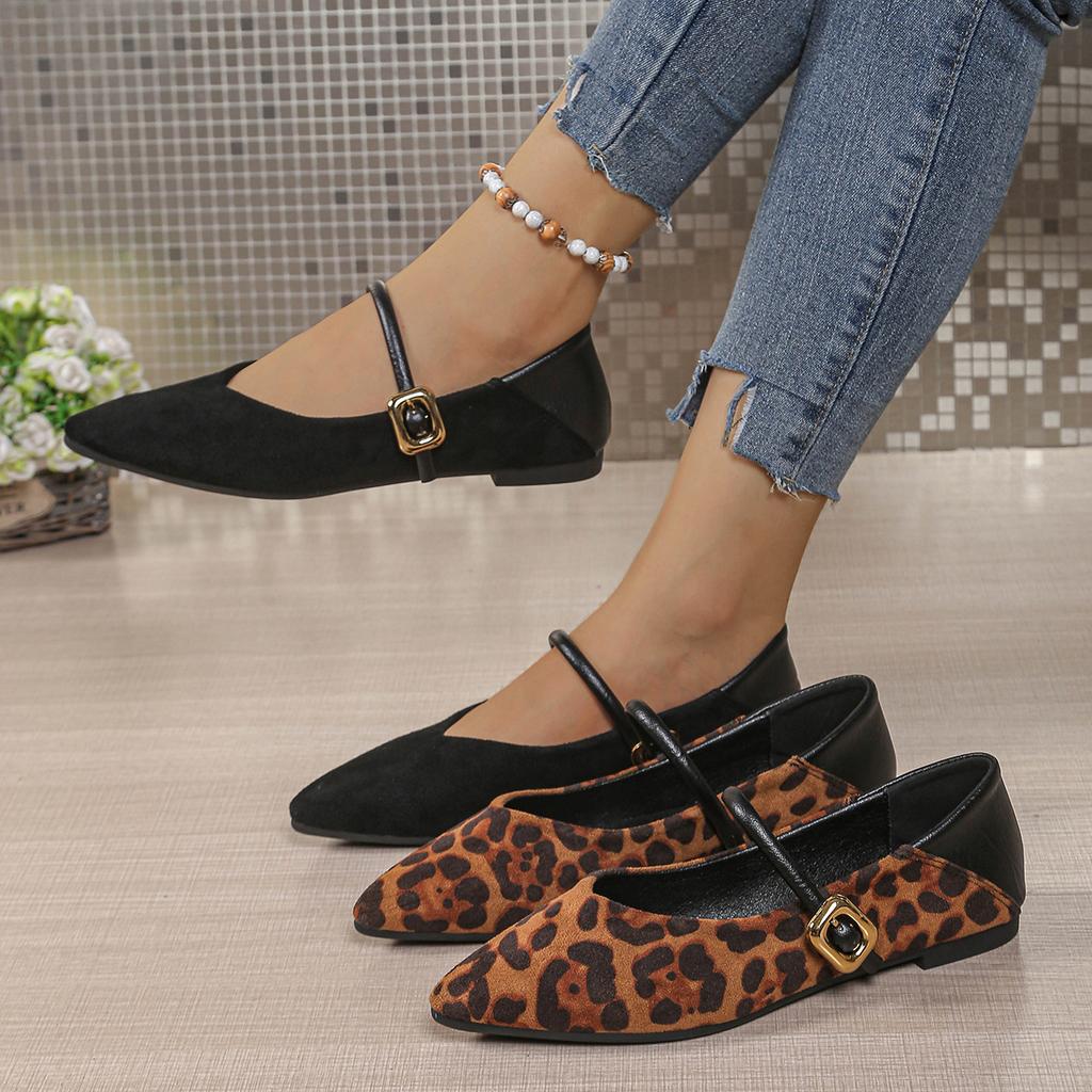 Leopard Print Pointed Mary Jane Shoes Women's 2025 Autumn New Flat-bottomed Large-size One-word Belt Two Wear Shallow Pointed Shoes