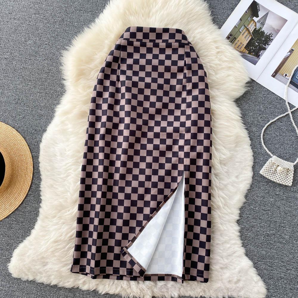 Plaid Skirt Women's Spring And Summer Niche Split One-Step Skirt Medium Long High Waist A-Shaped Hip Wrap Skirt