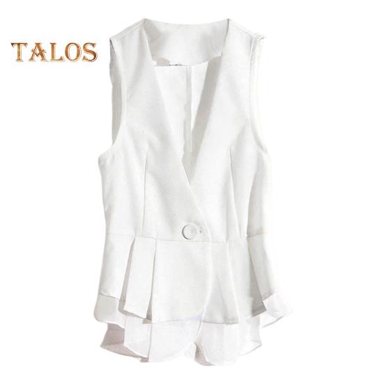 Lady Women Vest Coat Single Button Closure Sleeveless Pleated Ruffle Mesh Patchwork Slim Fit Suit Coat Solid Color Casual Daily Wear Waistcoat