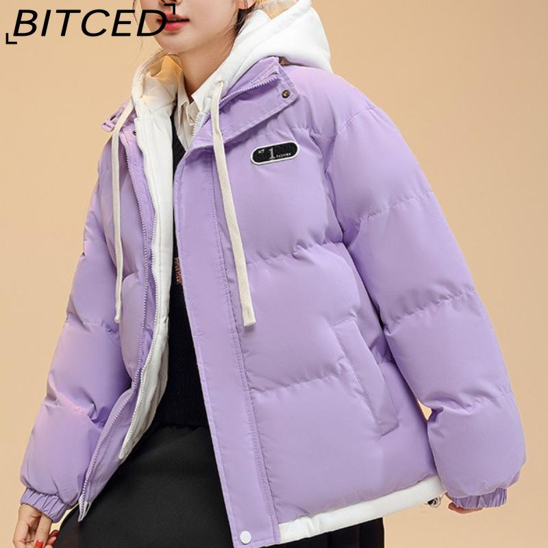 BITCED Pseudo-Two-Piece Cotton Coat Unisex Winter Fashion Contrast-Colour Hooded Sweatshirt Thickened Warm Cotton Jacket