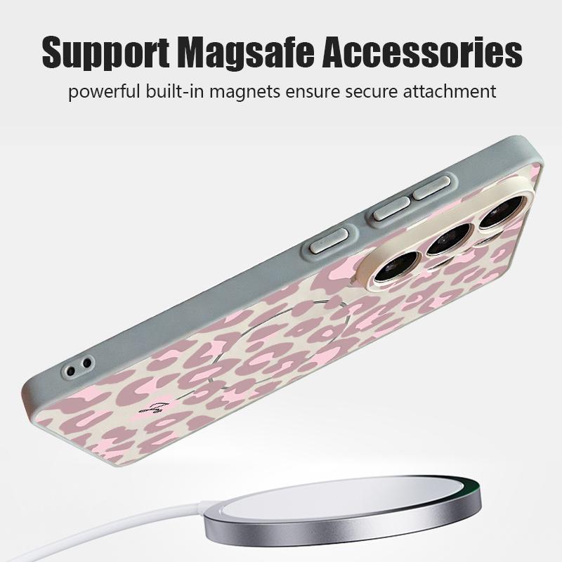 Magnetic For Magsafe Case For Samsung Galaxy S26 Ultra S25 Edge S24 Plus S23 FE S22 A54 A55 A56 5G Pink Leopard Print Matte Cover