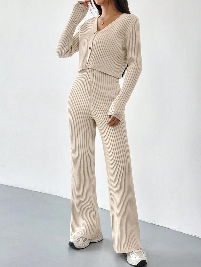 Solid Color Two-Piece V-Neck Short Knitted Cardigan Flared Pants