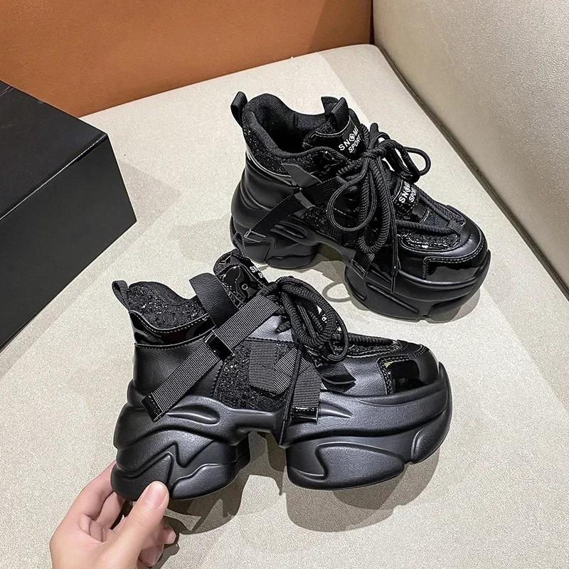 Модні Зимові Жіночі Масивні Теплі Хутряні Кросівки 8 См Висока Платформа Спортивні Кеди Тато Жіночі Блискучі Шкіряні Повсякденні Зимові Чоботи Zapatillas Mujer
