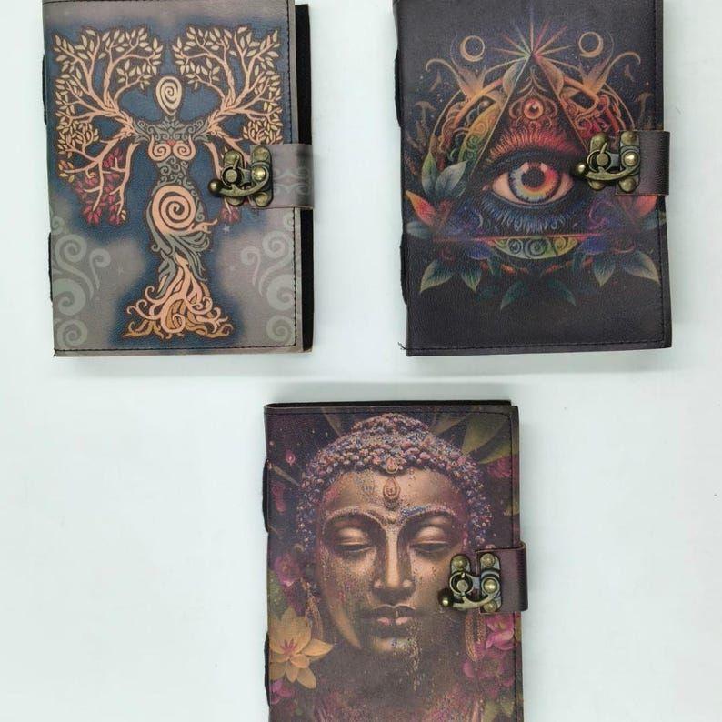 Journaux Spirituels en Cuir – Visage de Bouddha, Arbre de Vie & Œil Maléfique Mystique | Carnet de Bord Vintage Verrouillé Fait Main