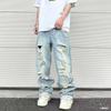 European and American High Street Hip Hop Vibe Washed Blue Ripped Cat Whisker Street Summer Straight Pants Loose Men's Paris Jeans