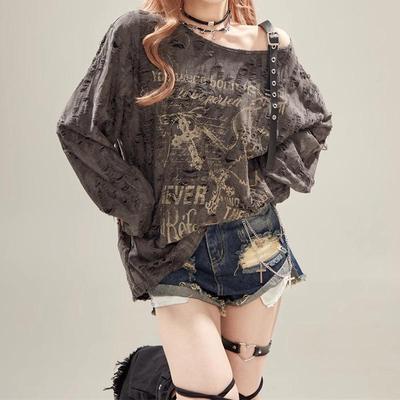Y2k Gothic Grunge Dark Hollow Out T Shirt Women Harajuku Hollow Out Off Shoulder Sexy Tees Autumn Punk Letter Print Tops