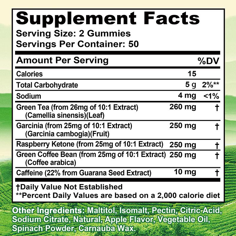 Green tea gummies; 1,020 mg per serving; contains Garcinia Cambogia, raspberry ketone, and coffee bean extract; promotes digestion.