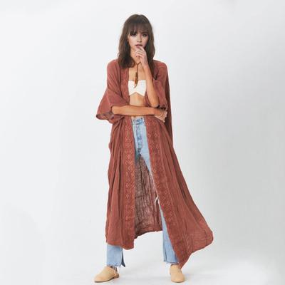 Lady Beach Cardigan Sunscreen Anti-UV Long Sleeves Lace Bohemian Style Bikini Cover-up Thin Calf Length Vacation Daily Leisure Style Coat