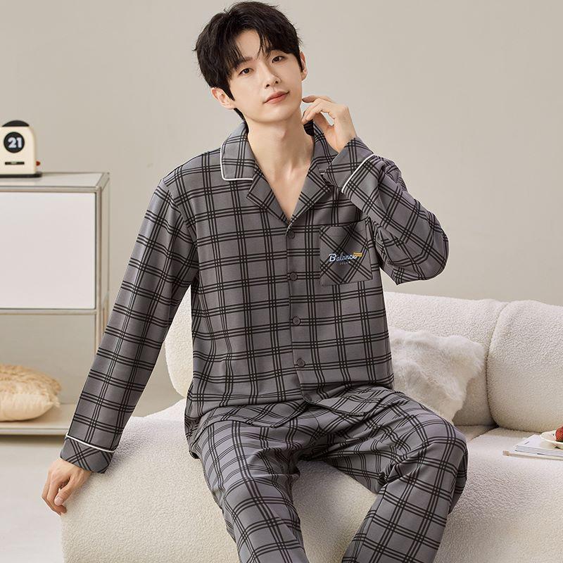 Spring and Autumn Men's Pajamas Homewear Suit Men's Cotton Cardigan Simple Large Size Cotton Can Be Worn Outside Homewear