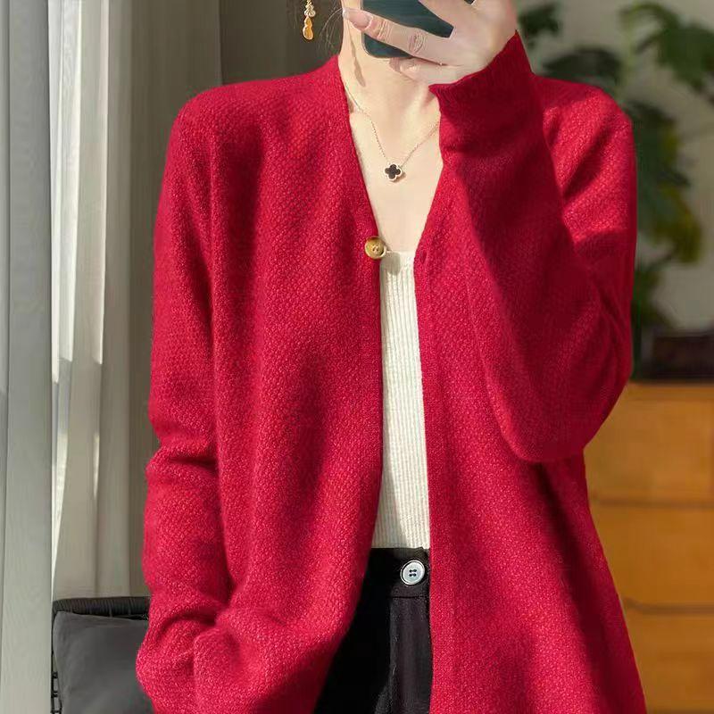 Autumn and Winter New One-button Fashion Knitted Cardigan Sweater Women's V-neck Solid Color Casual Skin-friendly Versatile Long-sleeved Jacket