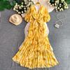 French light luxury elegant flared sleeve V-neck dress women's summer style romantic high-end printed dress
