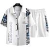 Fashion Men's Short-sleeved Shirt Suit Men's Summer Tide Design Sense Splicing Printing Casual Sports Shorts Two-piece Clothes