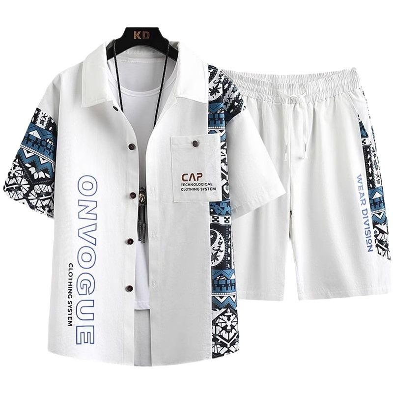 Fashion Men's Short-sleeved Shirt Suit Men's Summer Tide Design Sense Splicing Printing Casual Sports Shorts Two-piece Clothes