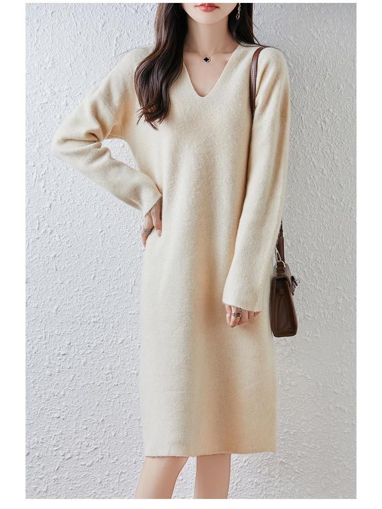 2025 Nowa Koreańska Sukienka Wełniana Dzianinowa o Długości Midi z Dekoltem V na Jesień i Zimę
