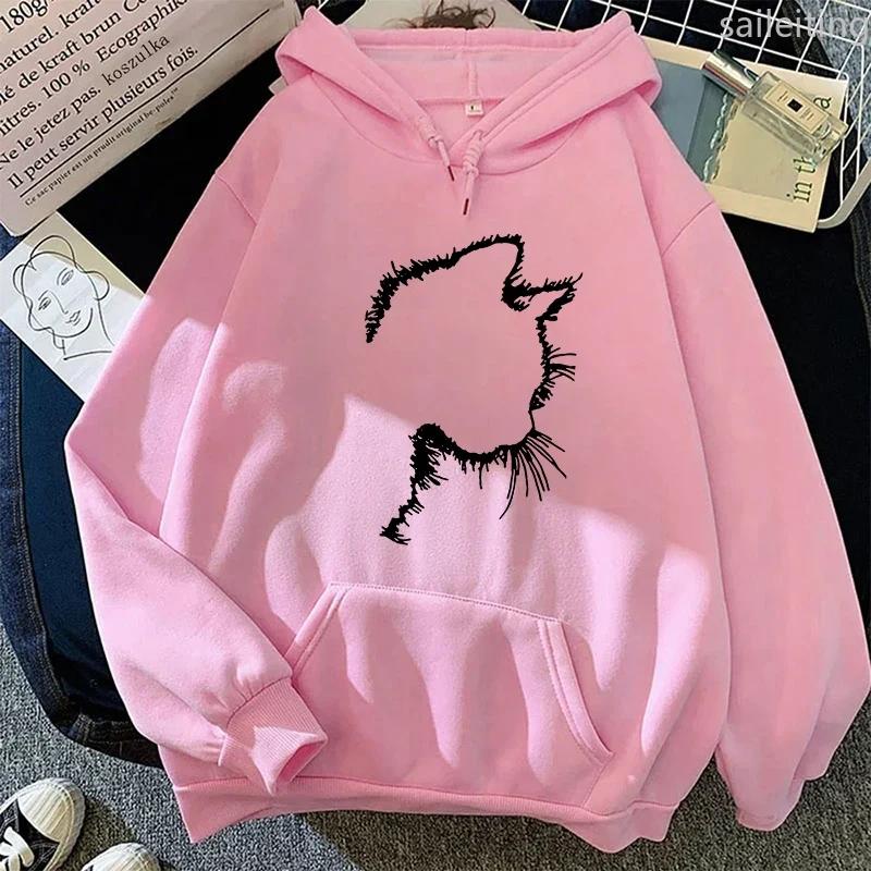 Autumn Winter Womens Sweatshirts Cute Cat Printing Casual Kangaroo Pocket Hoodies Sports Pullover Tops Daily Aesthetic Clothes