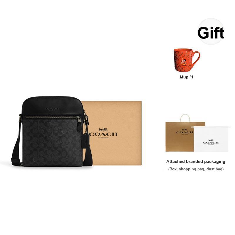 Coach Houston 22 Logo Zip Closure PVC Crossbody Shoulder Bag Small Men Bags Black Gray CZ398-QBMI5