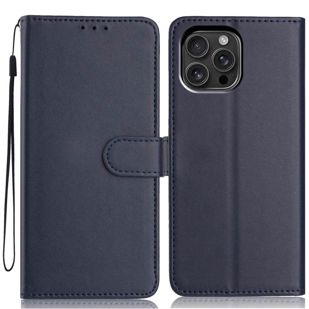 For iPhone 16 Pro Max Wallet Case with Strap/Multiple Card Slots Solid Color Leather Stand Phone Cover