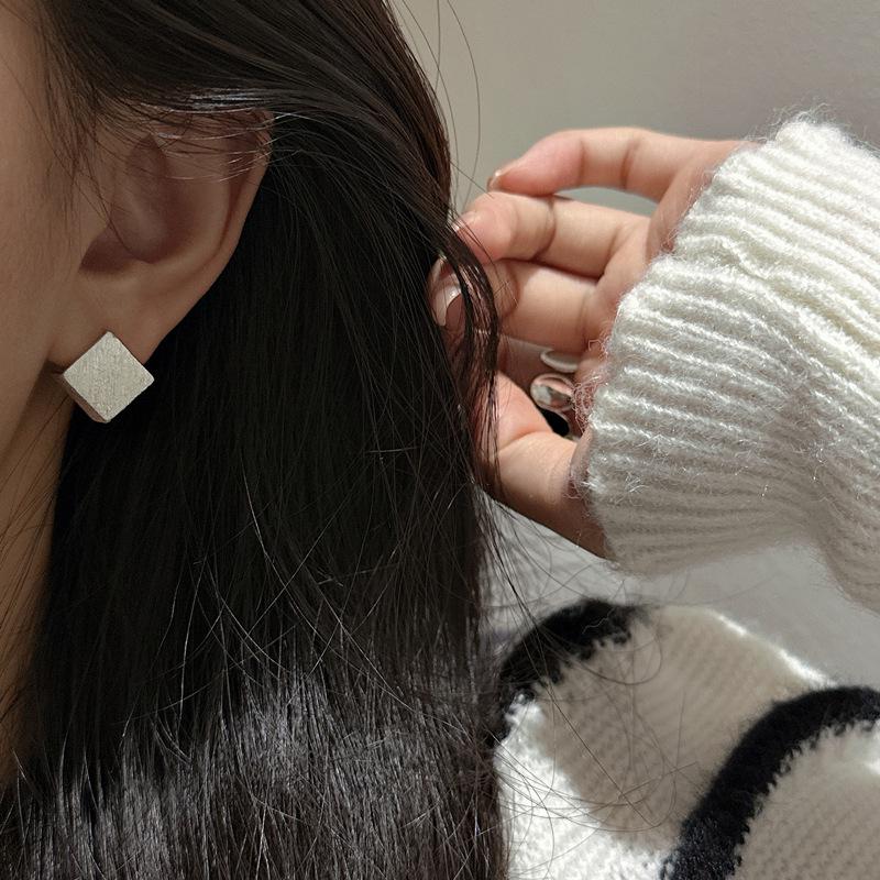Korean Style S925 Sterling Silver Geometric Square Brushed Earrings
