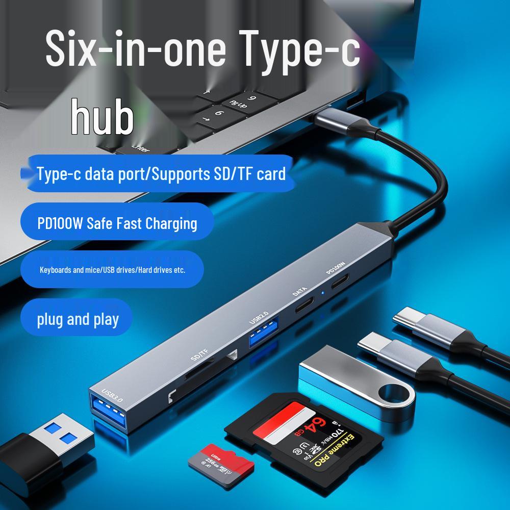 Type-C 6-in-1 Expansion Dock: USB 3.0, TF/SD Card Reader, 100W PD Power Hub