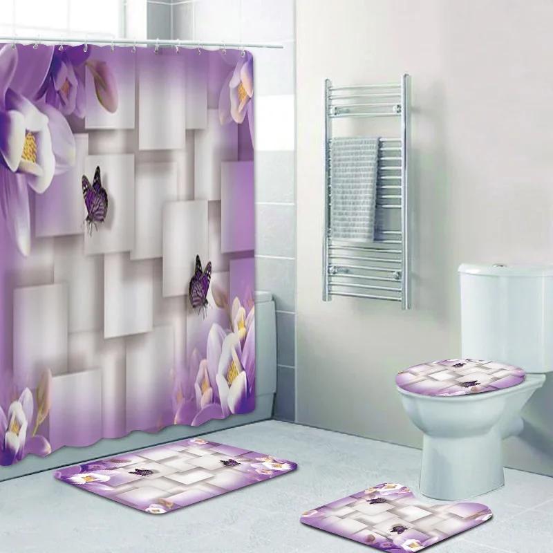 Elegant Bouquet of Fantastic White Flowers 3D Style Shower Curtain Bathroom  with Bath Rug Carpet Set Floral Home Decor