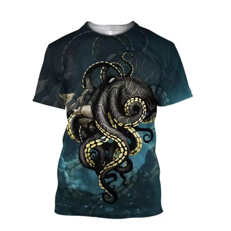 Men'S New Summer 3d Printing Hd Printed O-Collar Short Sleeve T-Shirt Ocean Octopus Art Personality Retro Plus Size Loose Top